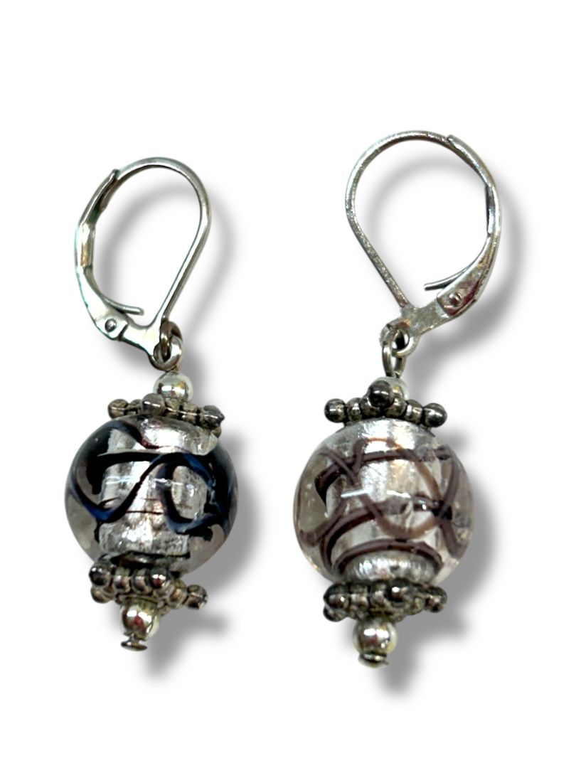2 Pair Pierced Earrings Silvertone Black 1.5" Dangle Drop