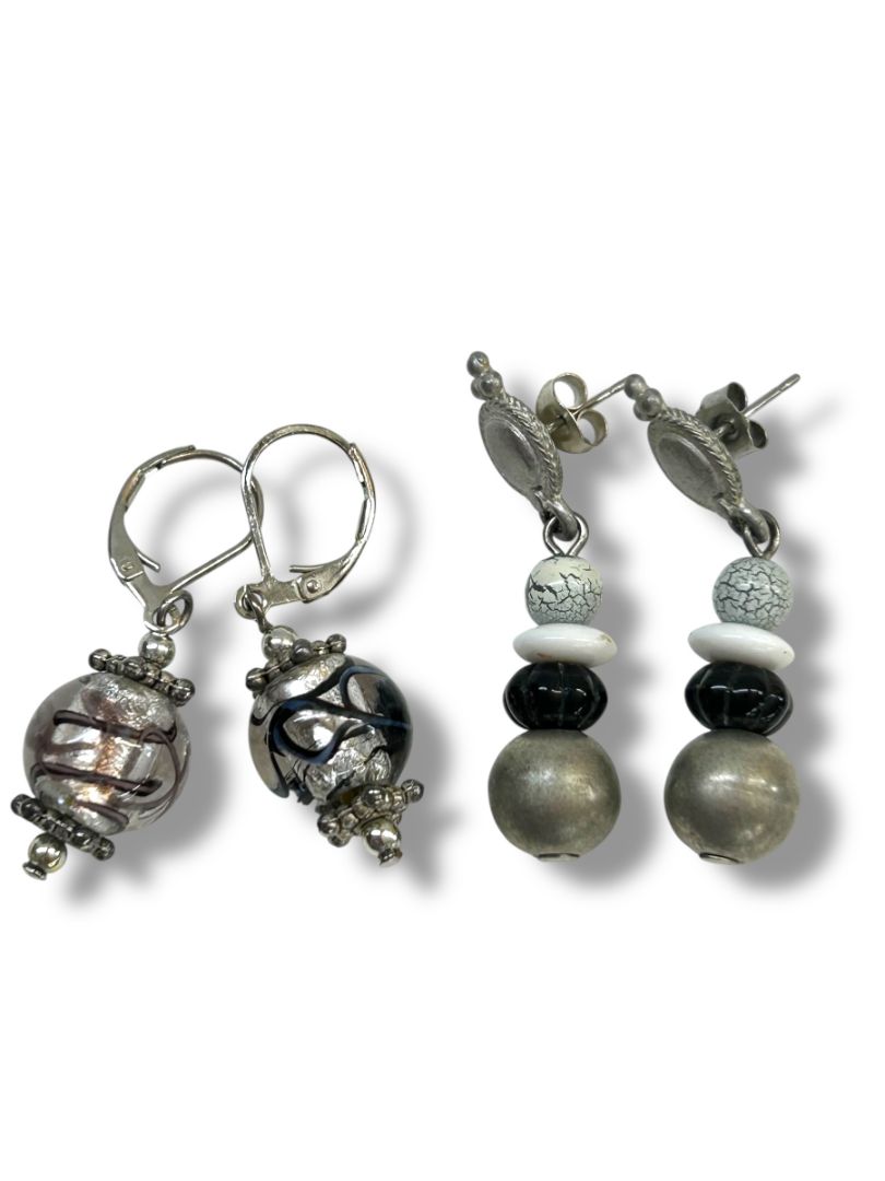 2 Pair Pierced Earrings Silvertone Black 1.5" Dangle Drop