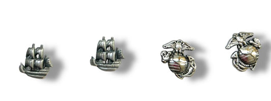 2 Pair Post Pierced Earrings Silvertone Ship Eagle Globe .5"