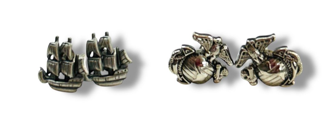 2 Pair Post Pierced Earrings Silvertone Ship Eagle Globe .5"
