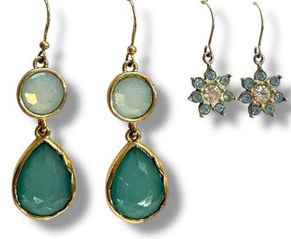 2 Pair Pierced Earrings Goldtone Aqua Fishhook Drop Dangle
