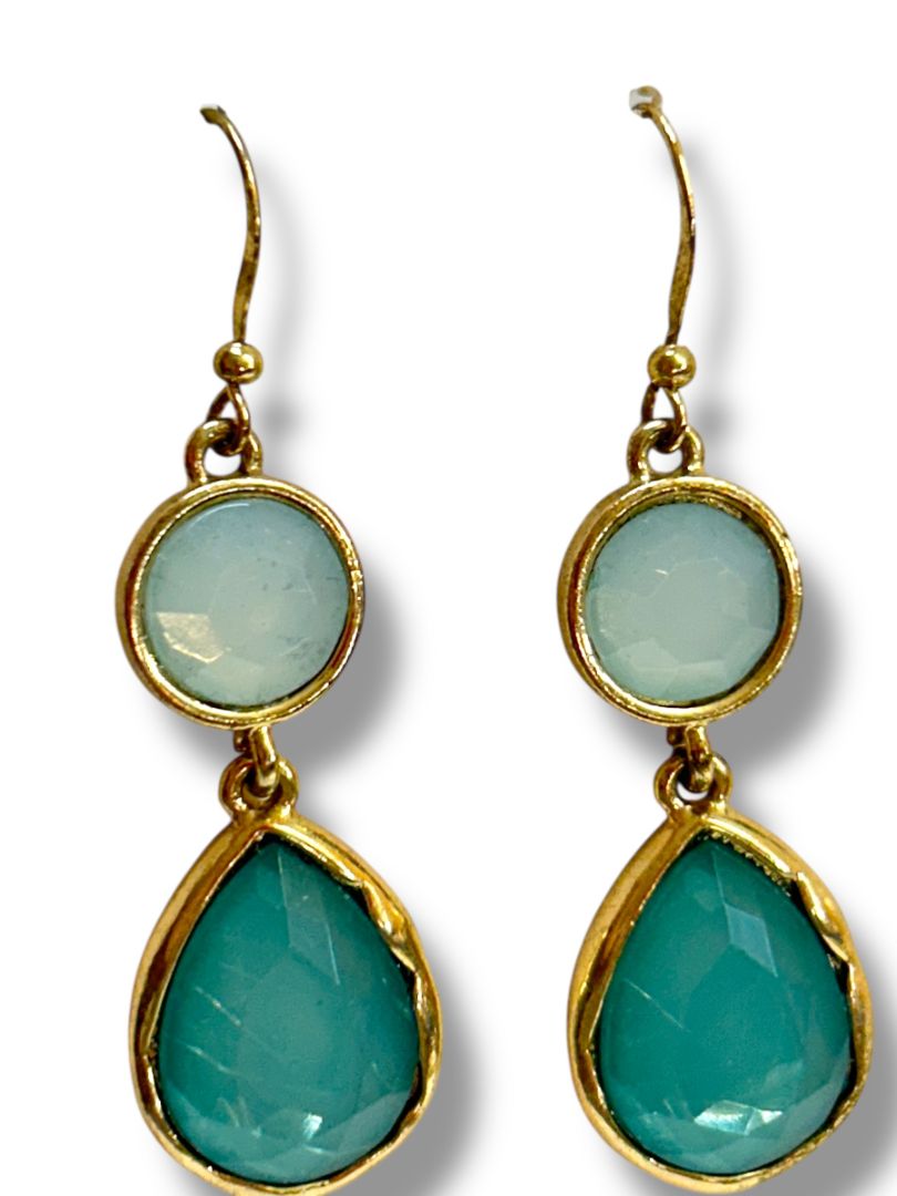 2 Pair Pierced Earrings Goldtone Aqua Fishhook Drop Dangle