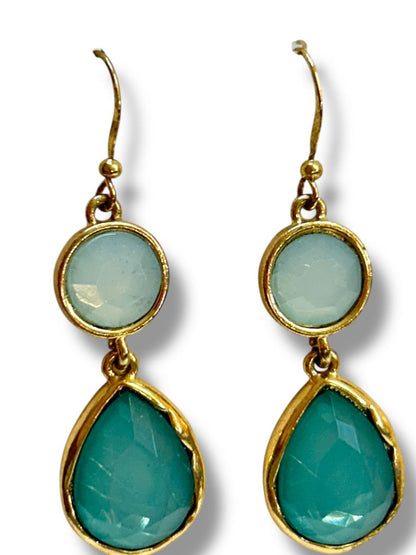2 Pair Pierced Earrings Goldtone Aqua Fishhook Drop Dangle