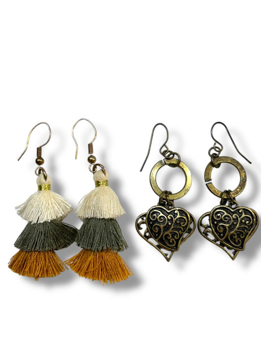 2 Pair Fishhook Pierced Earrings Fringe Tassel Hearts