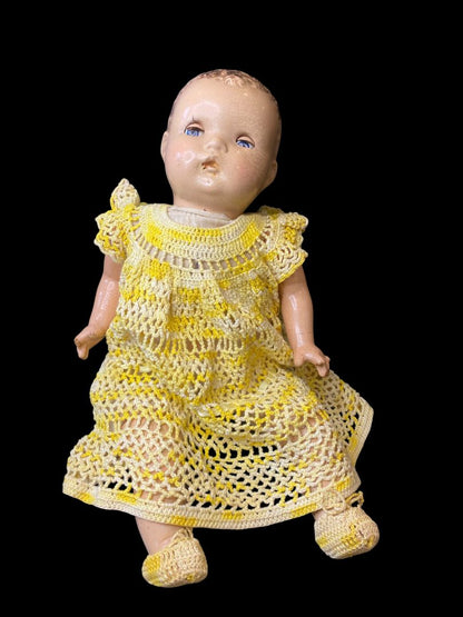Vintage Composition Baby Doll Sleep Wake Eyes 15" Cloth Body Yellow Dress Booties