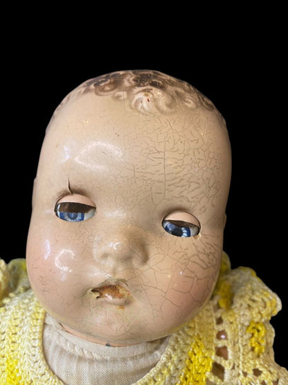 Vintage Composition Baby Doll Sleep Wake Eyes 15" Cloth Body Yellow Dress Booties