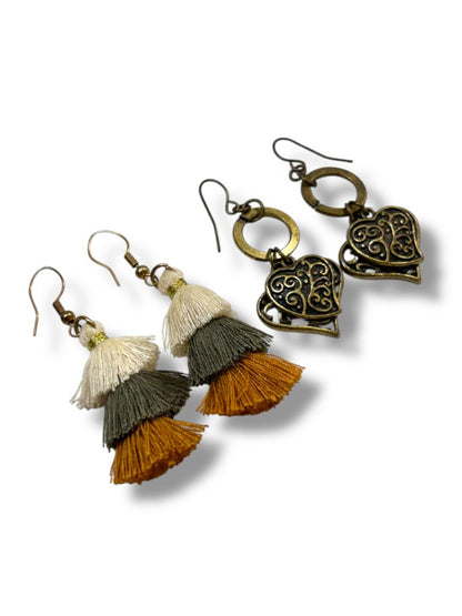 2 Pair Fishhook Pierced Earrings Fringe Tassel Hearts