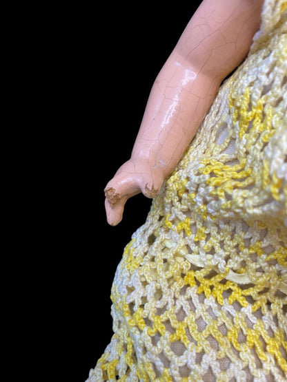 Vintage Composition Baby Doll Sleep Wake Eyes 15" Cloth Body Yellow Dress Booties