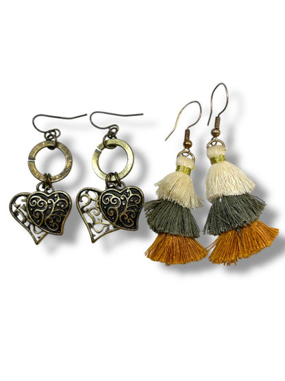 2 Pair Fishhook Pierced Earrings Fringe Tassel Hearts
