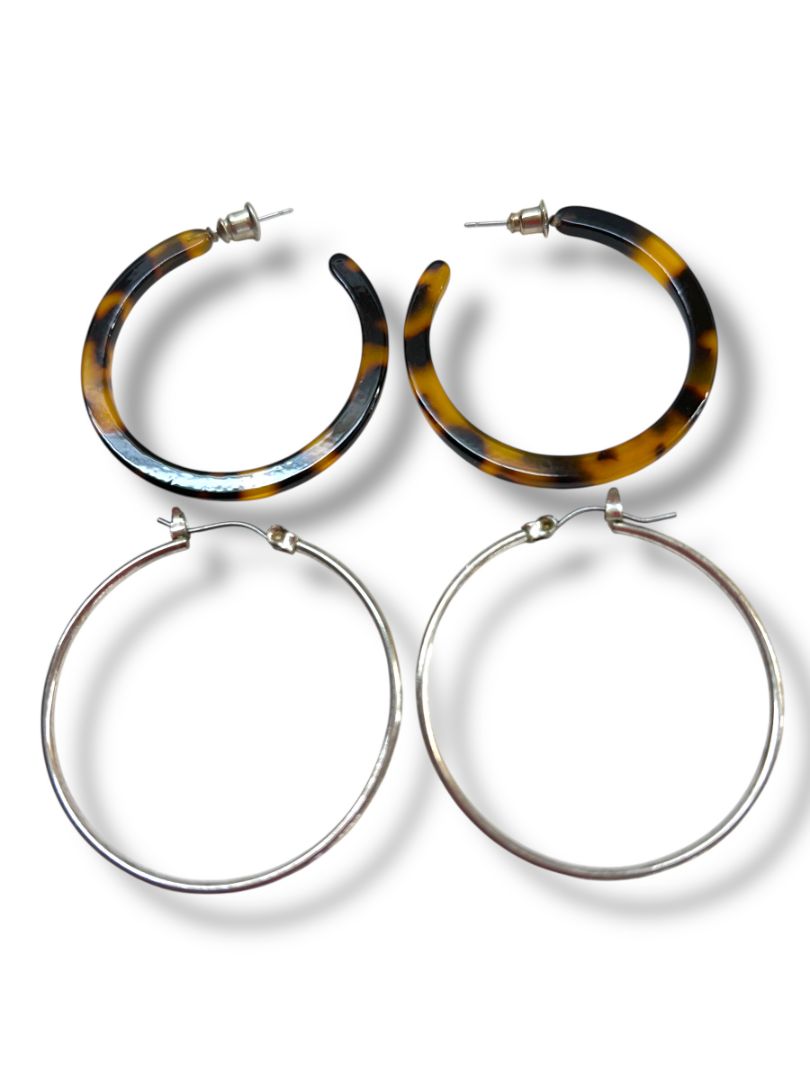2 Pair Pierced Earrings Hoops Acrylic Tortoise Silvertone 1.5" Diameter