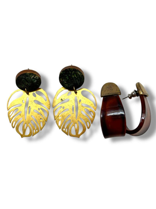 Vintage 2 Pair Pierced Earrings Acrylic Hoop Dangle Leaf