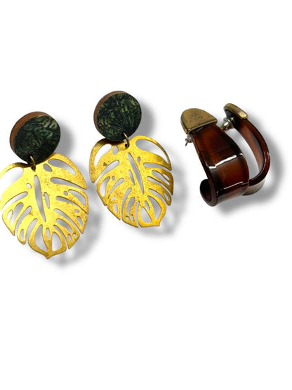 Vintage 2 Pair Pierced Earrings Acrylic Hoop Dangle Leaf
