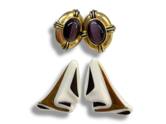 1980s 2 Pair Pierced Earrings Goldtone Purple Abstract