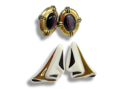1980s 2 Pair Pierced Earrings Goldtone Purple Abstract
