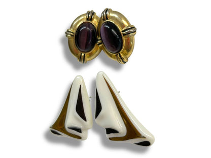 1980s 2 Pair Pierced Earrings Goldtone Purple Abstract