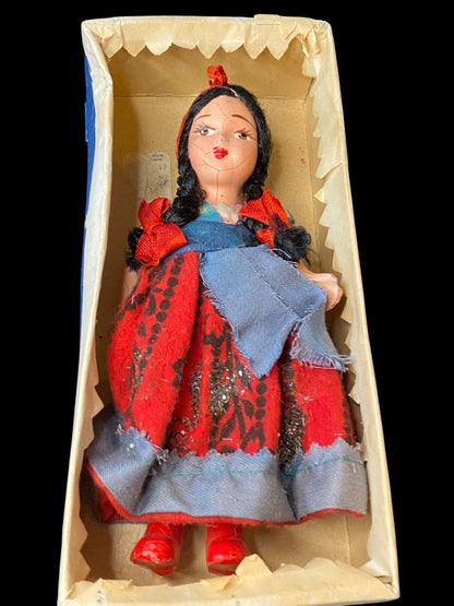 1940s Mexican Souvenir Doll in Box Black Braids 6.5"