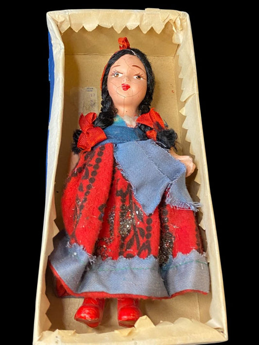 1940s Mexican Souvenir Doll in Box Black Braids 6.5"
