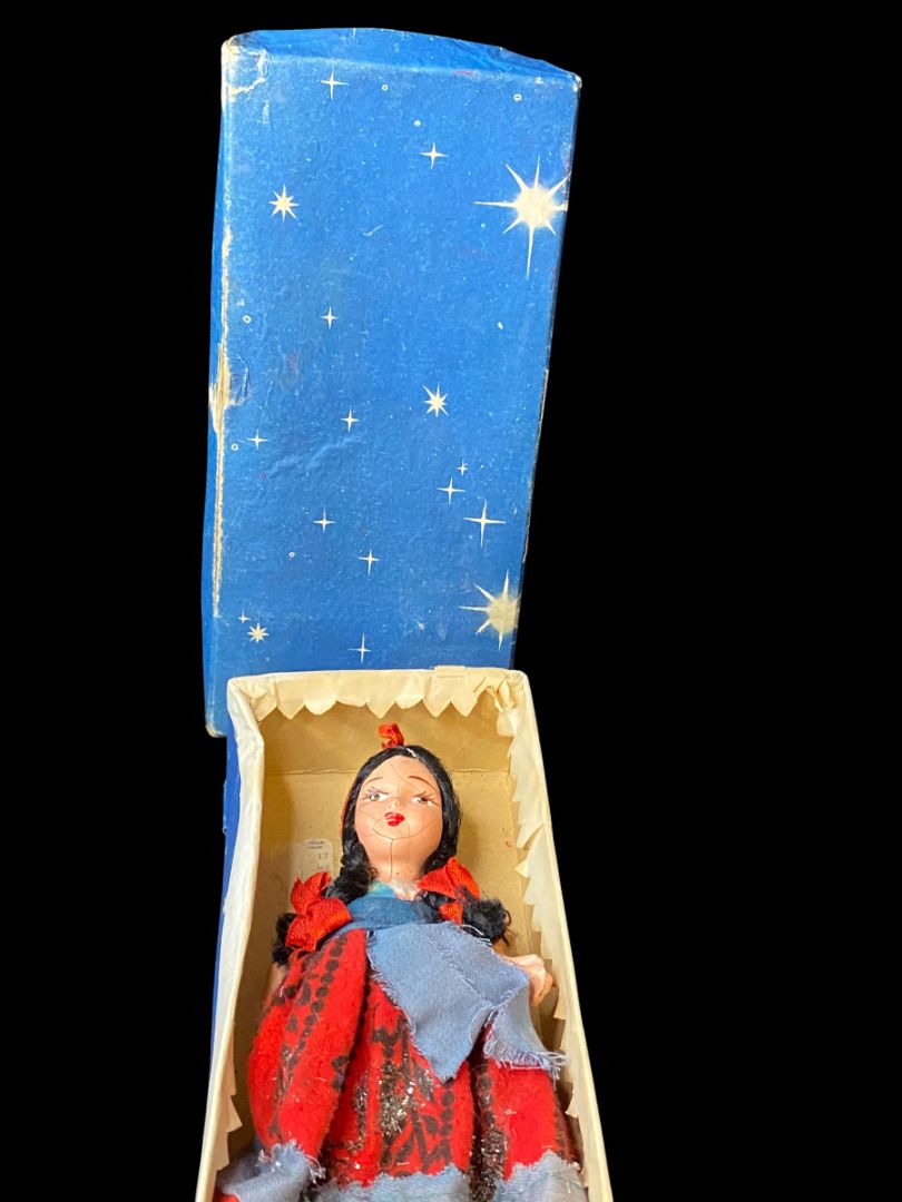 1940s Mexican Souvenir Doll in Box Black Braids 6.5"