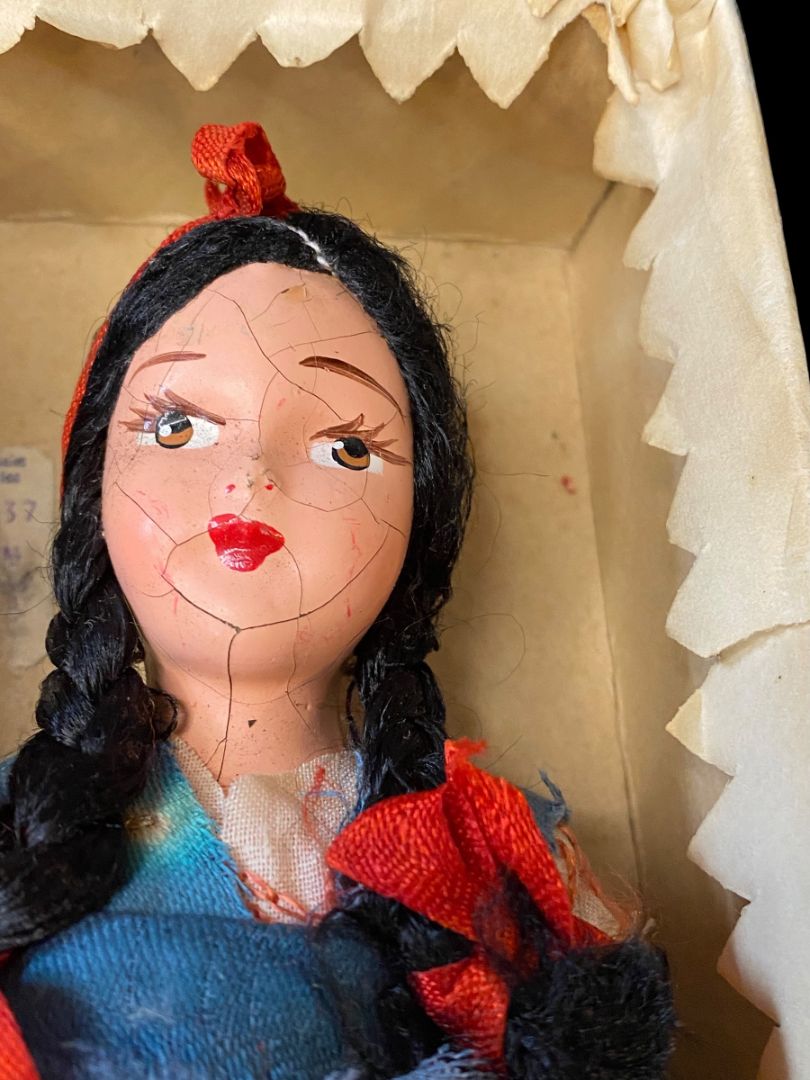 1940s Mexican Souvenir Doll in Box Black Braids 6.5"