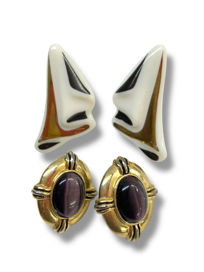 1980s 2 Pair Pierced Earrings Goldtone Purple Abstract
