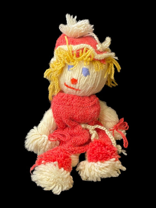 Vintage Handmade Yarn Kitsch Doll Red Dress Blonde 13"