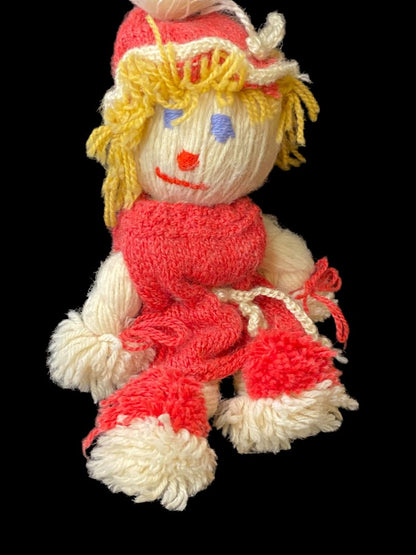 Vintage Handmade Yarn Kitsch Doll Red Dress Blonde 13"