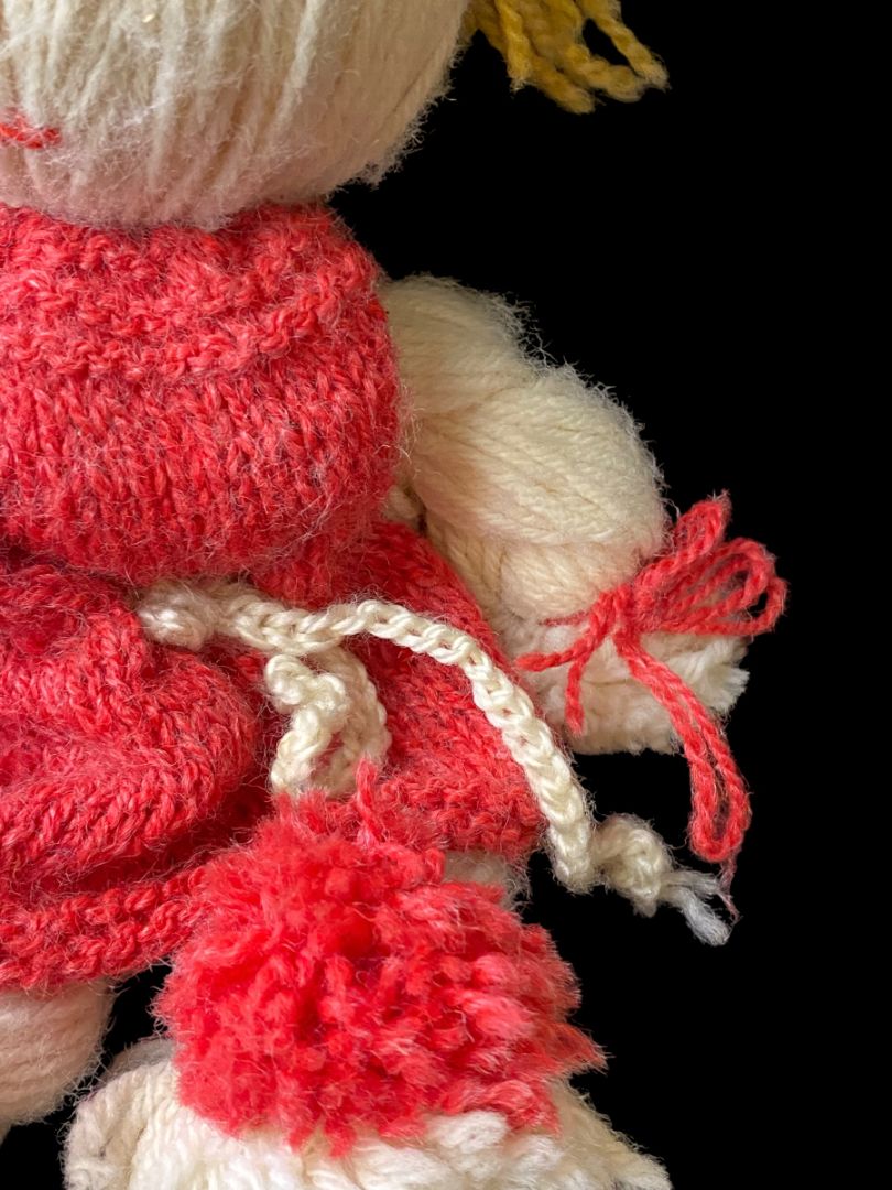 Vintage Handmade Yarn Kitsch Doll Red Dress Blonde 13"
