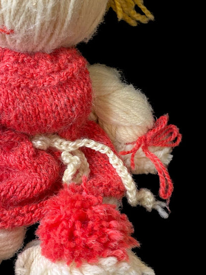 Vintage Handmade Yarn Kitsch Doll Red Dress Blonde 13"