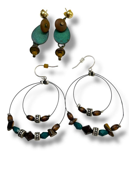 2 Pair Boho Pierced Earrings Brown Teal Dangle