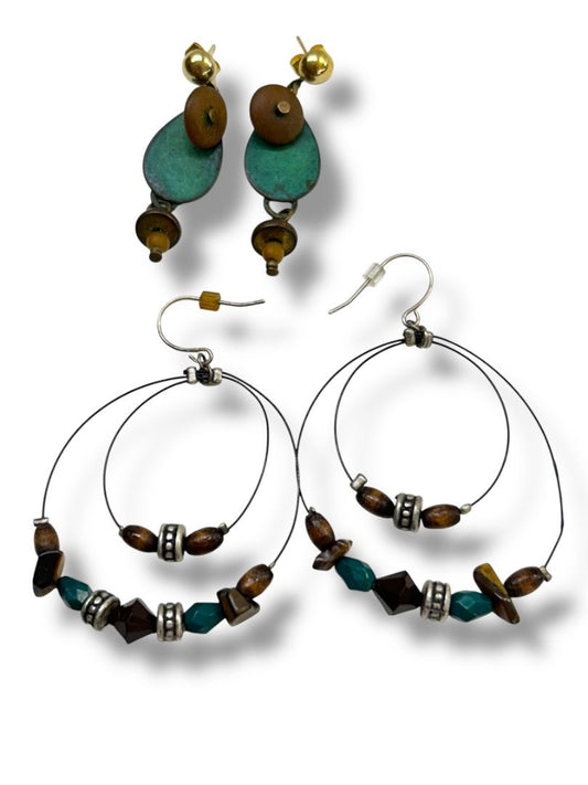2 Pair Boho Pierced Earrings Brown Teal Dangle