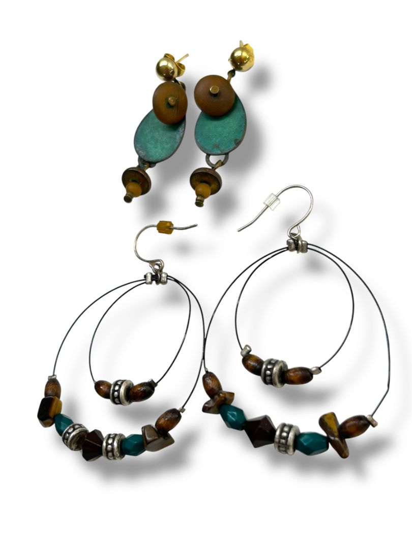 2 Pair Boho Pierced Earrings Brown Teal Dangle