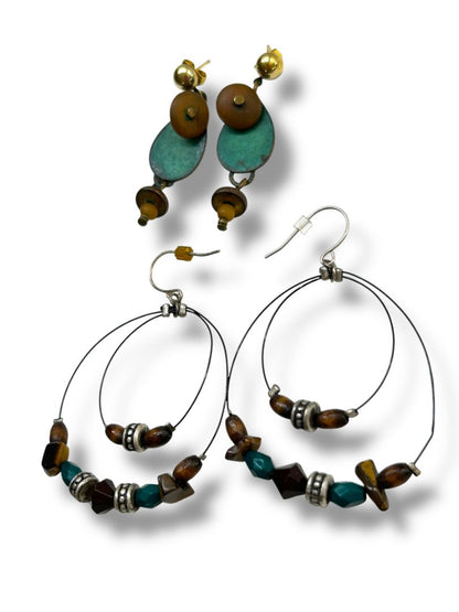 2 Pair Boho Pierced Earrings Brown Teal Dangle