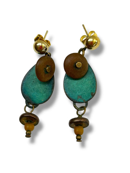 2 Pair Boho Pierced Earrings Brown Teal Dangle