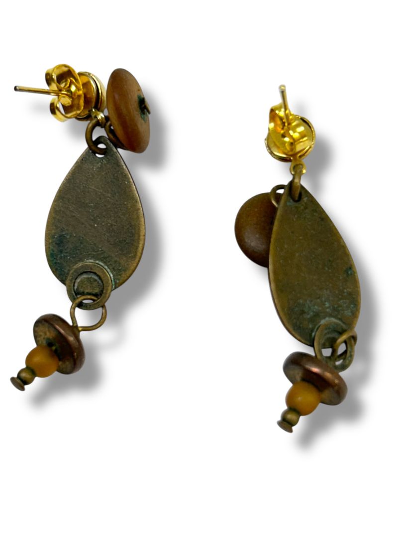 2 Pair Boho Pierced Earrings Brown Teal Dangle