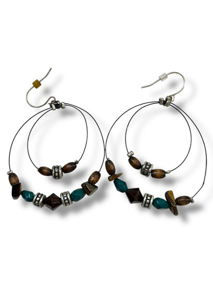 2 Pair Boho Pierced Earrings Brown Teal Dangle
