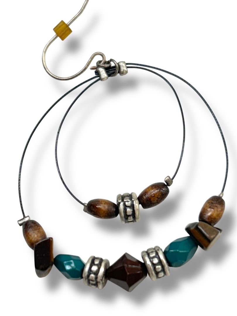 2 Pair Boho Pierced Earrings Brown Teal Dangle