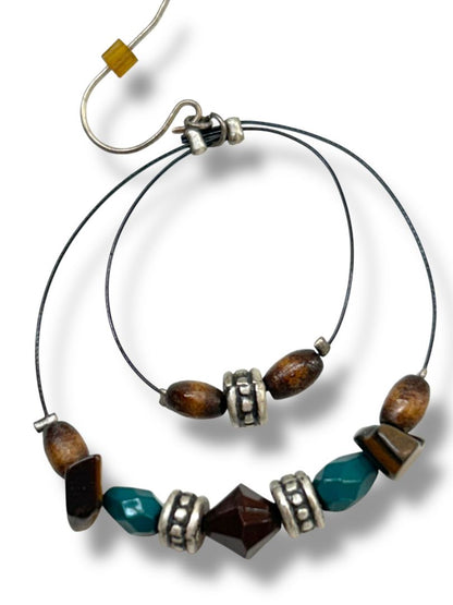 2 Pair Boho Pierced Earrings Brown Teal Dangle