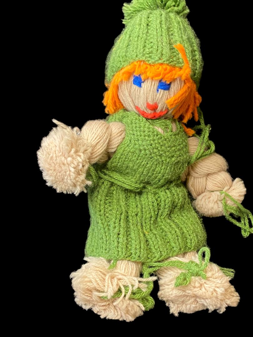 Vintage Handmade Yarn Kitsch Doll Green Dress Orange 13"