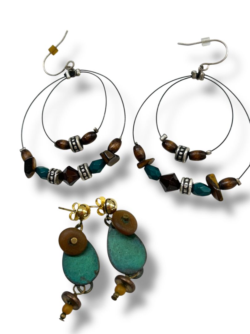 2 Pair Boho Pierced Earrings Brown Teal Dangle