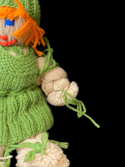 Vintage Handmade Yarn Kitsch Doll Green Dress Orange 13"