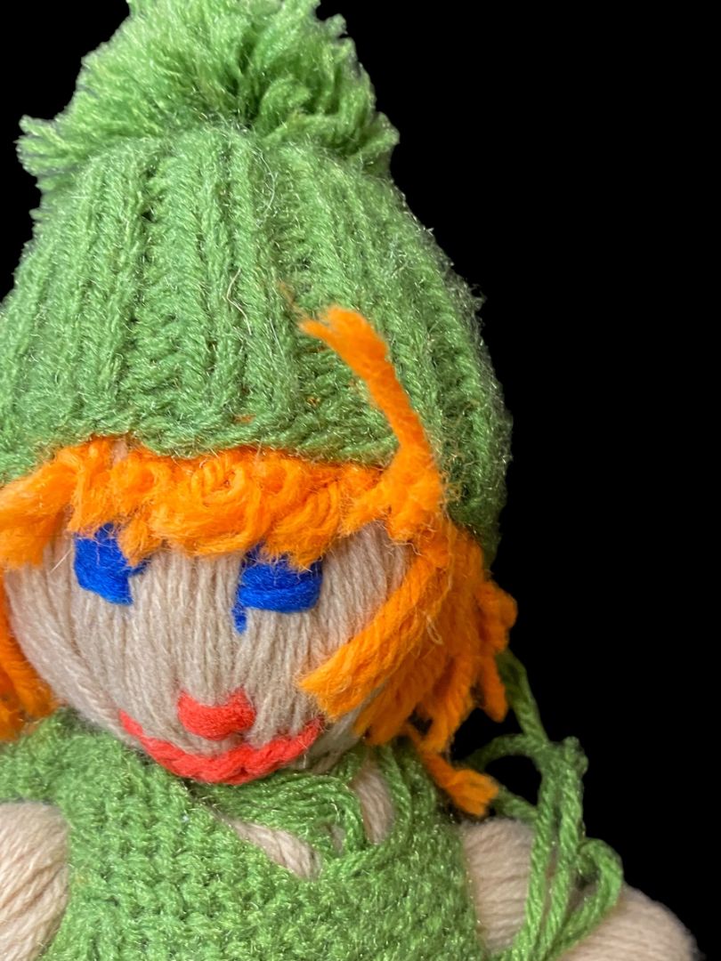 Vintage Handmade Yarn Kitsch Doll Green Dress Orange 13"