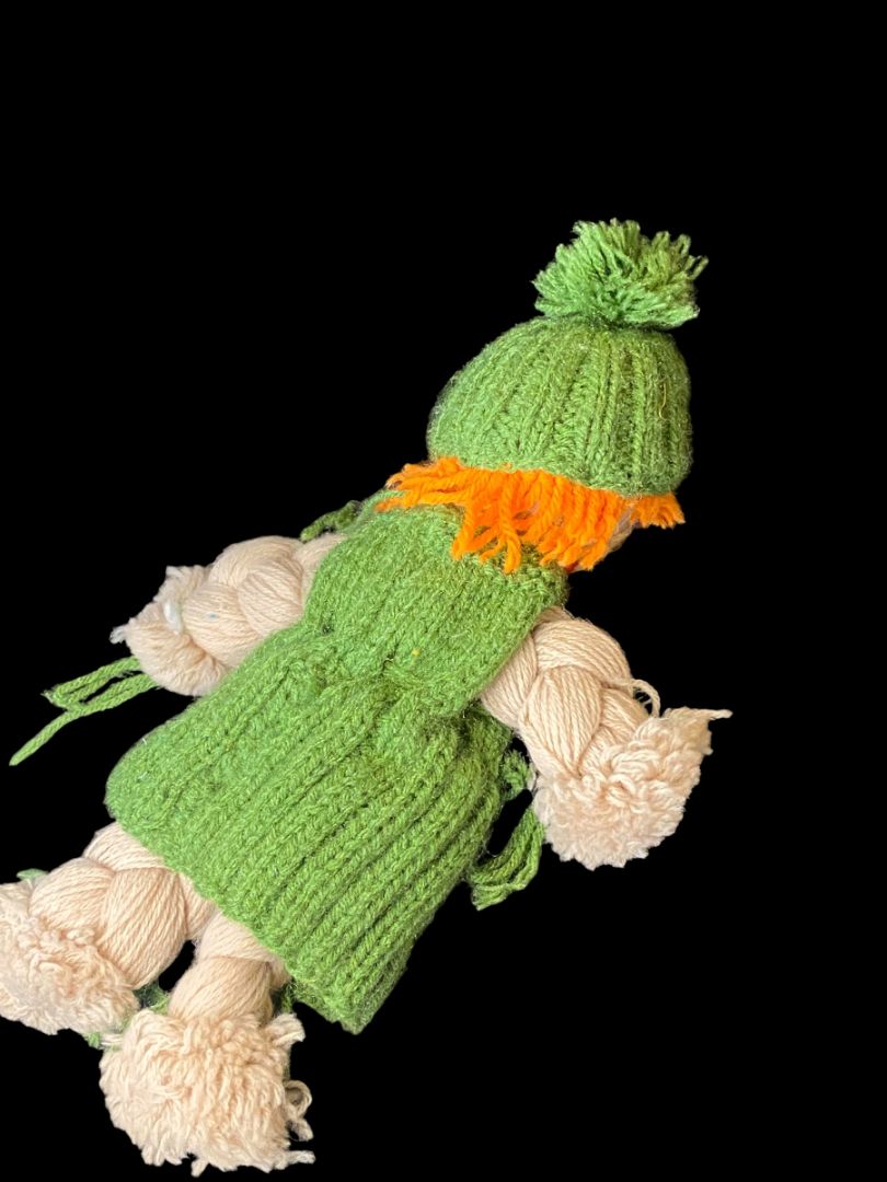 Vintage Handmade Yarn Kitsch Doll Green Dress Orange 13"