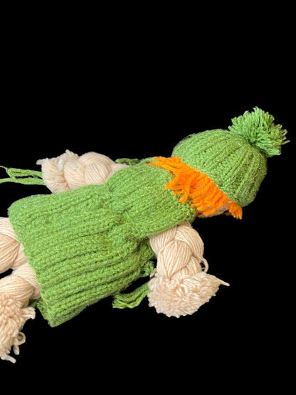 Vintage Handmade Yarn Kitsch Doll Green Dress Orange 13"