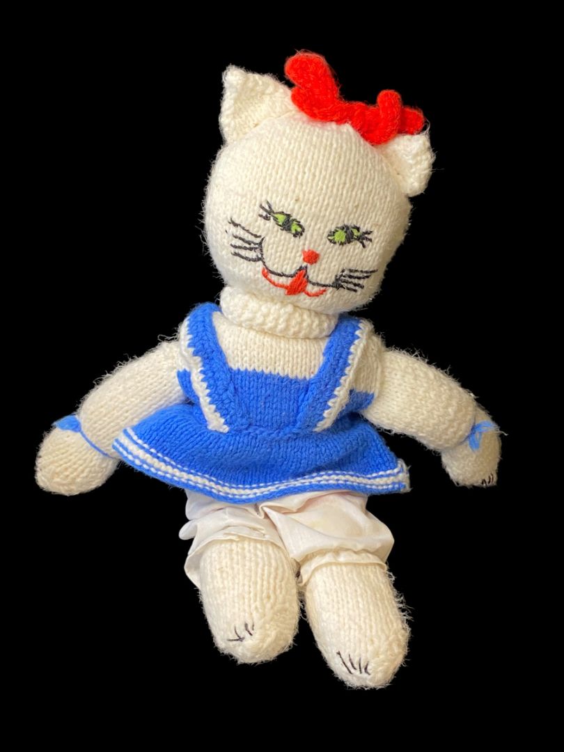 Vintage Handmade Crocheted Kitty Cat 17" Blue Dress Red Bow