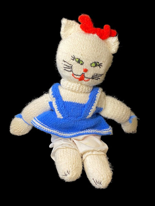 Vintage Handmade Crocheted Kitty Cat 17" Blue Dress Red Bow