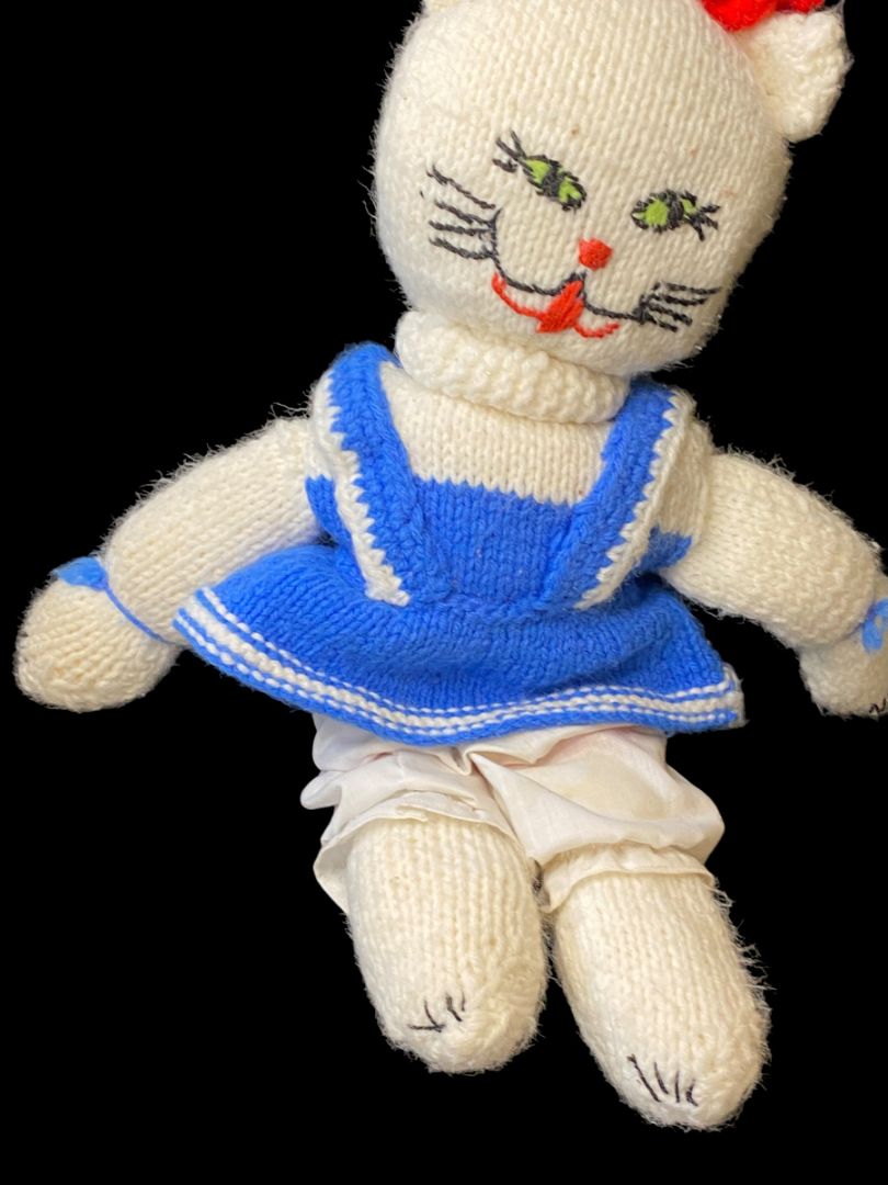 Vintage Handmade Crocheted Kitty Cat 17" Blue Dress Red Bow