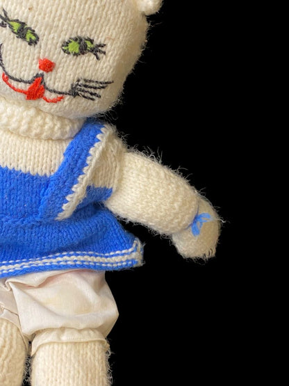 Vintage Handmade Crocheted Kitty Cat 17" Blue Dress Red Bow
