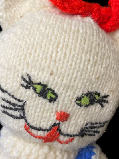 Vintage Handmade Crocheted Kitty Cat 17" Blue Dress Red Bow