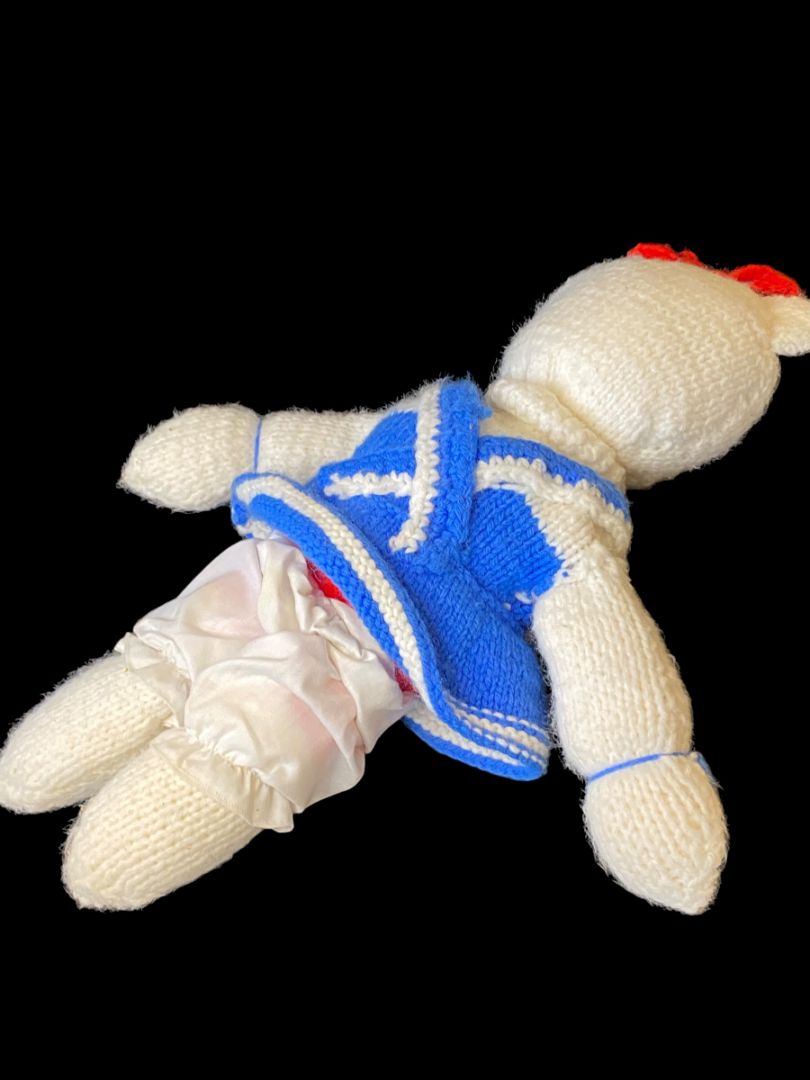 Vintage Handmade Crocheted Kitty Cat 17" Blue Dress Red Bow