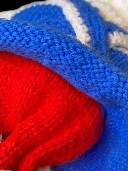 Vintage Handmade Crocheted Kitty Cat 17" Blue Dress Red Bow
